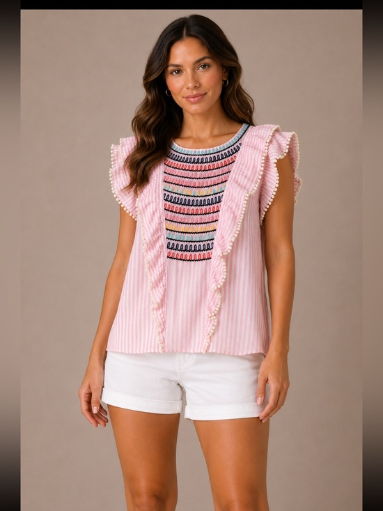 THML Tops - THML Sz L Embroidered Cotton Top Ruffled Sleeves Pink White Stripes Cottagecore